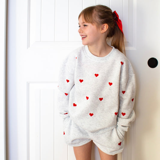 Kids Valentine Fleece Crewneck + Shorts Set